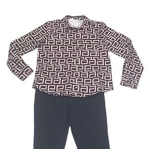 Emery Rose Blouse Geometric Print Button Up Front Shirt Collared Black & Tan Top